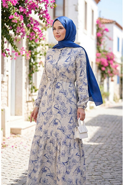 sefamerve Beigefarbenes Saks-Leinenkleid mit Knöpfen vorne und Schnürung 0520-04