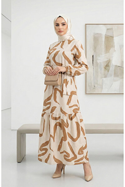 sefamerve Beige Tan Linen Dress - Patterned and Belted 0471A-08