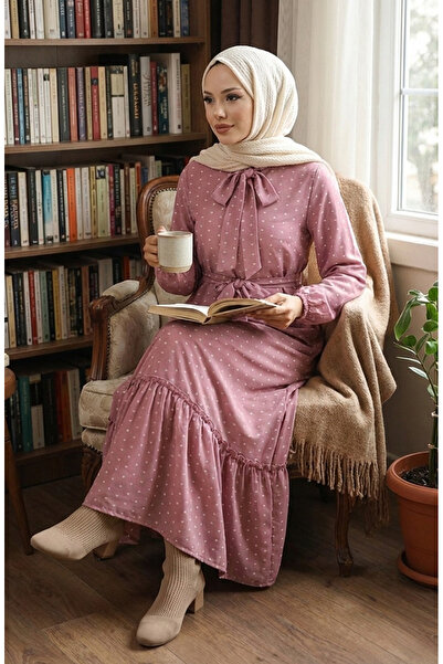 sefamerve Getrocknetes rosafarbenes Pıtpıt-gemustertes Kleid mit Gürtel – 038...