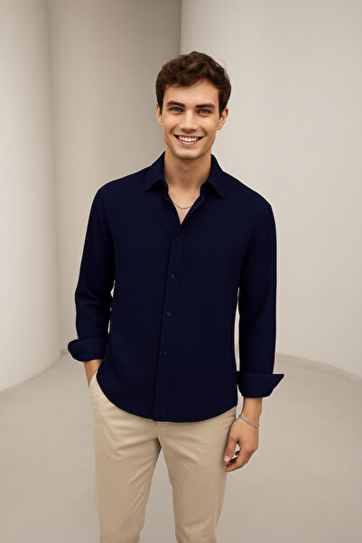 Bürke Summer Linen Textured Long Sleeve Navy Blue Half Oversized Men's Shirt