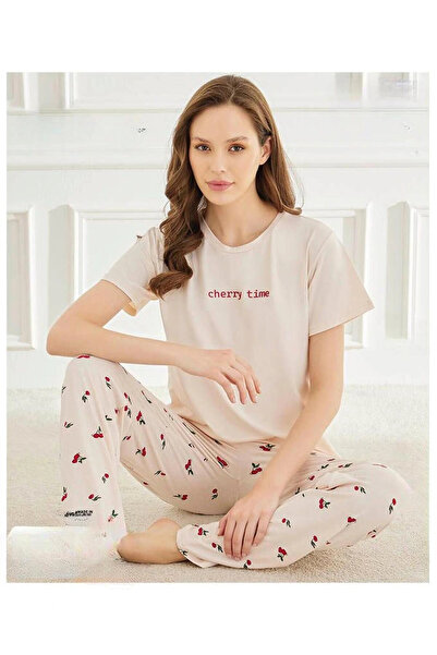 Mihra Γυναικεία Πιτζάμα με λαιμόκοψη MİLAN Lycra κοντομάνικη πιτζάμα 50107Ecru - 1 Τεμάχιο