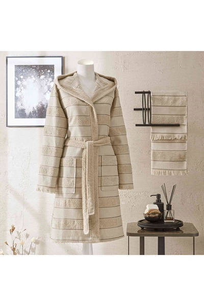 Taç Casual Cotton Bathrobe Set Beige L/Xl