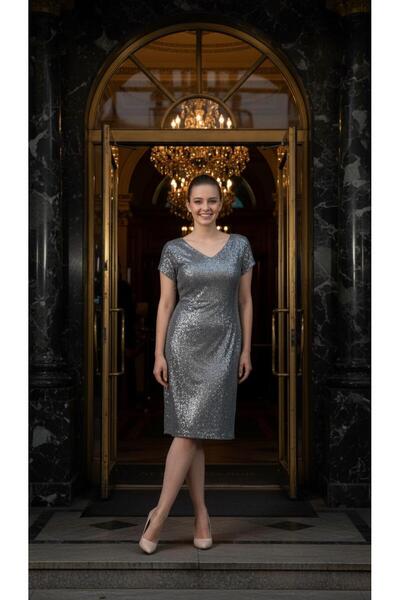 Nidya Moda Büyük Beden Kadın Gri Payet Desen V Yaka Vako Abiye Elbise-4035pg