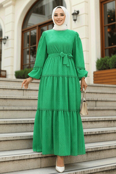 Neva Style Green Hijab Dress with Belt 14131Y