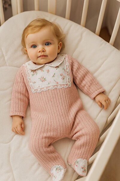 dinamik çocuk Kız Bebek Patikli Desenli Triko Tulum Alttan Çıtçıtlı Çiçek Müs...