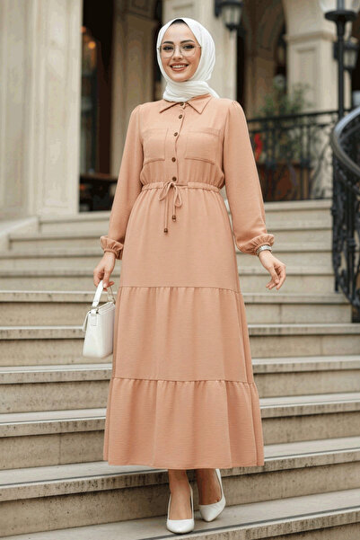 Neva Style Φόρεμα με κουμπιά μπισκότο Hijab 5720BS