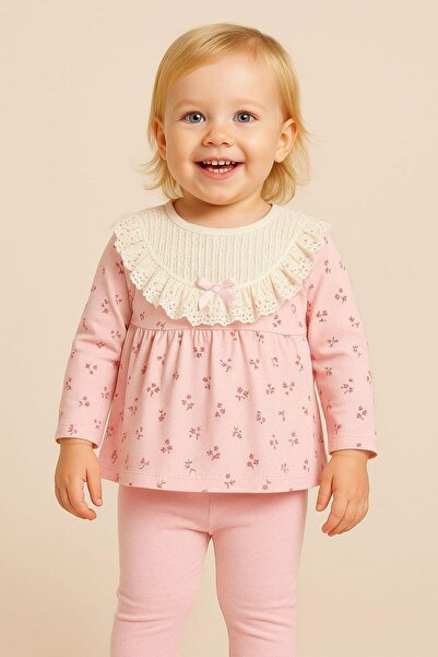 dinamik çocuk Kız Bebek Çiçek Desenli Dantelli Fırfırlı Yaka 2li Takım Uzun K...