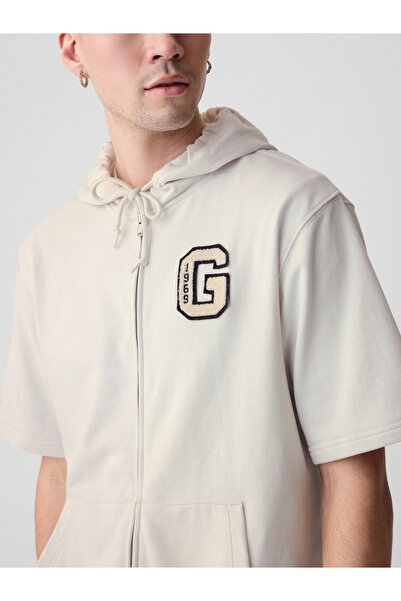 GAP Erkek Kırık Beyaz Logo Fermuarlı Sweatshirt