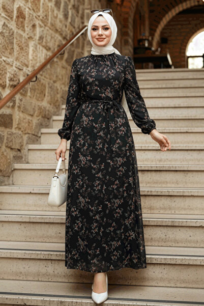 Neva Style فستان حجاب أسود منقوش بالزهور 27923S