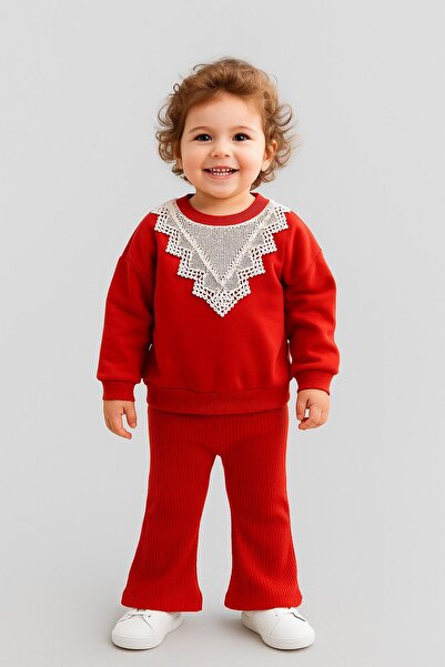 dinamik çocuk Kız Bebek Dantel Detaylı İspanyol Paça Fitilli Taytlı 2li Takım...