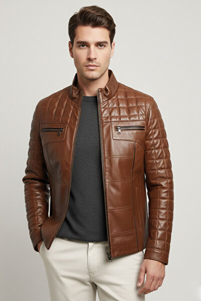 Deriderim Taba Oscar Quilted Stitched Zippered Genuine Leather Men's Coat