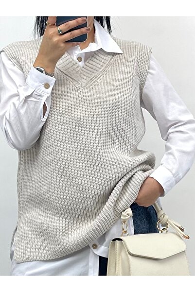 NİSUM MODA NİSUM V YAKA TRİKO YIRTMAÇLI SÜVETER