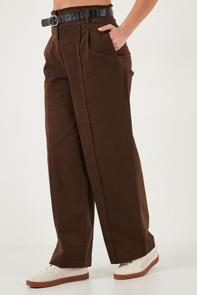 Lela Cotton Relaxed Fit Wide Leg Stitching Detail Belted Pants Trousers 68351208