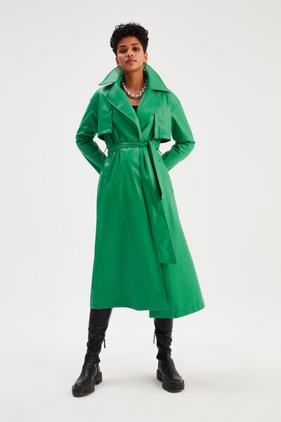 Sateen Belted Long Leather Trench - Green
