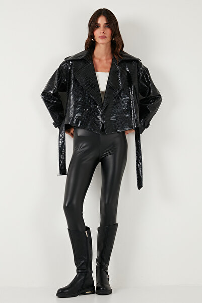Lela Crocodile Oversized Fit Double-Breasted Collar Belt Detailed Leather Jacket Leather Jacket 6839632
