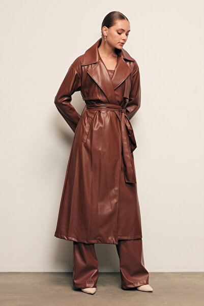 Sateen Belted Long Leather Trench - Brown