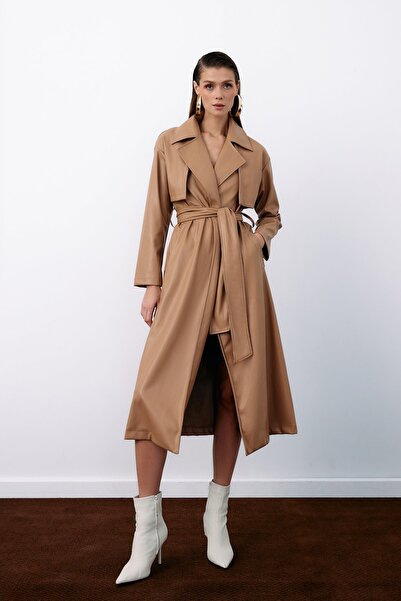 Sateen Belted Long Leather Trench - Beige