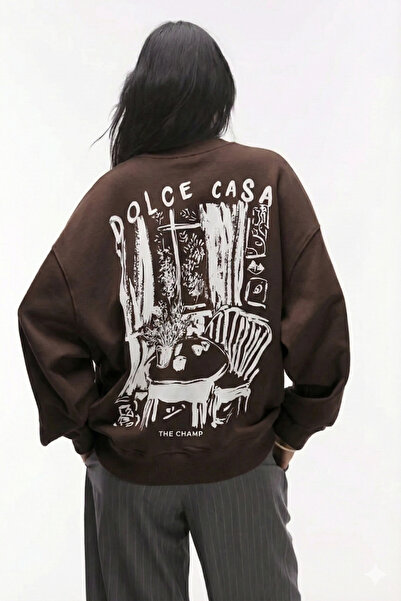 The Champ Clothing Unisex Brown Crew Neck Sweatshirt Dolce Casa Printed 3 İplik Ş Fleece-Lined Oversize