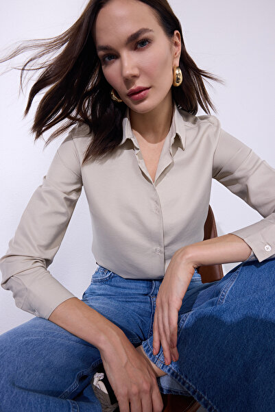 Tudors Women's Slim Fit Slim Fit Long Sleeve Light Beige Basic Shirt