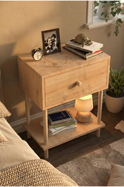 PEKA Düşer Kapaklı Raflı Modern Komodin Yatak Odası Başucu Düzenleyici Ahşap Ayaklı Yan Sehpa- Safir Meşe