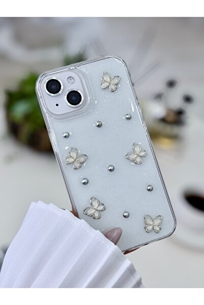 Go Aksesuar حافظة سيليكون مرنة بتصميم لعبة الفراشة اللؤلؤية متوافقة مع آيفون 13 - 14 و15