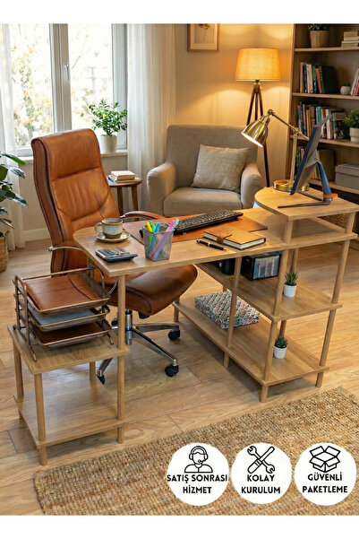 PEKA Çalışma Masası 5 Raflı Ahşap Ayaklı Dekoratif Modern Bilgisayar Ofis Mas...