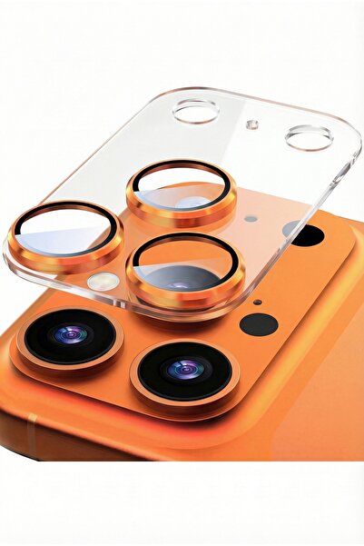 Fibaks iPhone 17 Pro Max Safir AR+AF Şeffaf Zeminli Turuncu Çerçeveli Tam Koruma Kamera Lens Koruyucu