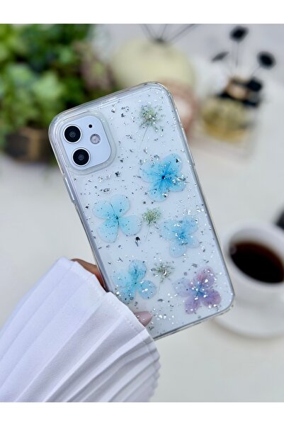 Go Aksesuar Iphone 11 Uyumlu EPOKSİLİ Mavi Simli Çiçek Tasarımlı Oyuncaklı Es...