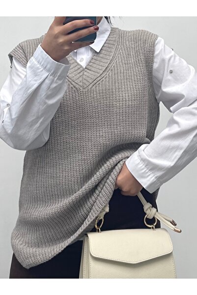 NİSUM MODA NİSUM V YAKA TRİKO YIRTMAÇLI SÜVETER