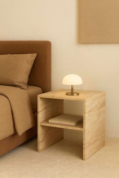 Woody Home Traverten Desenli Komodin, Yan Sehpa, Çok Amaçlı Dekoratif Sehpa, İskandinav, Bohem, 47x55