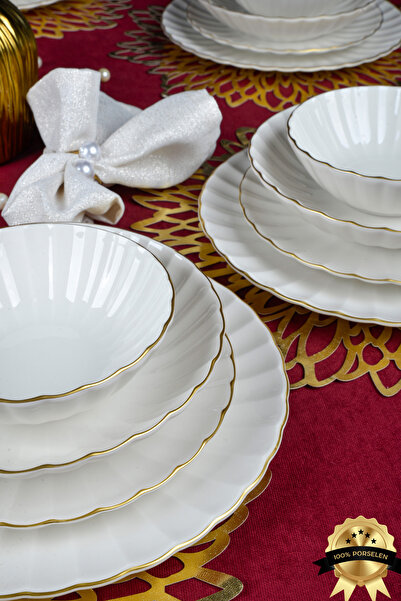 Heda Porselen Derya 24 Parça 6 Kişilik Altın Yaldız Porselen Yemek Takımı