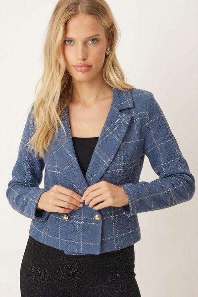armonika Kadın İndigo-Bej Kruvaze Yaka Tüvit Crop Ceket ARM-24K001014
