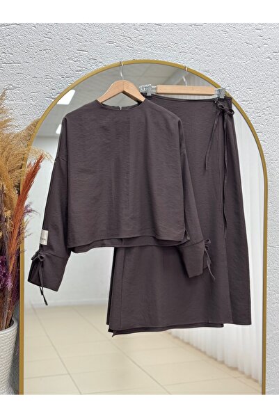 MİHRA STORE Sultan Kolları İpli Tek Kolu Etiket Aksesuarlı Etekli Takım-EK-H-110-2 Kahve