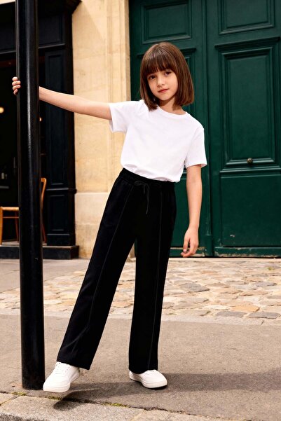 TOMMY LIFE Černé dívčí tepláky se širokými nohavicemi a předním prošíváním -75144