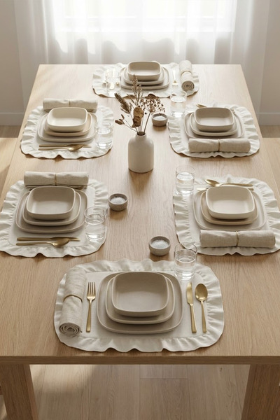 YUNUSOĞLU HOME Cotton Ruffled Self-Striped Square Placemat Set of 6 American Service 33 cm Placemat