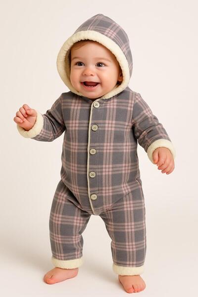 Chicsy Baby Kışlık Tatlı Kareli İçi Peluşlu Kapüşonlu Düğmeli Bebek Tulum