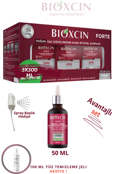 Bioxcin Forte Shampoo Against Intensive Hair Loss 3X300 ml Forte Serum 50 ml + 100 ml Face Washing Gel Gift
