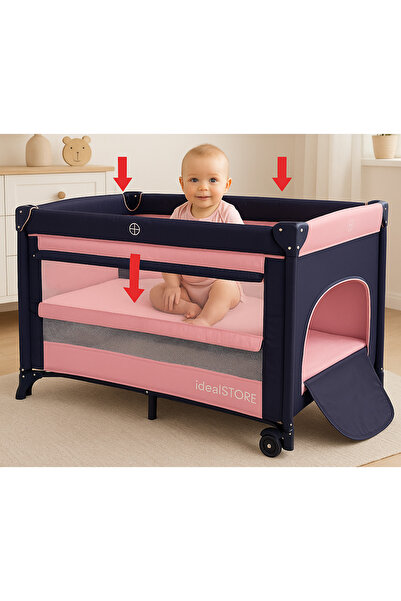 ideal STORE Pătuț de călătorie pliabil idealSTORE -Cadru metalic cu 2 niveluri, laterale din plasă, roți, saltea