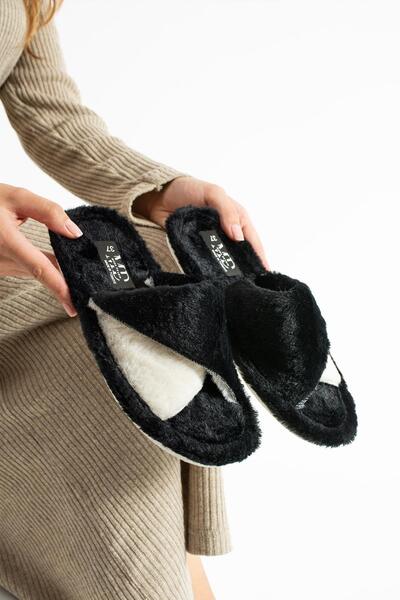 Moda Devrin Papuci de casă cu talpă cusută de iarnă, negri, cu talpă silențioasă (talpa este îngroșată)