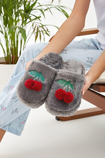 Moda Devrin Gray Silent Sole Cherry Women's House Slippers Furry Winter Slipp...