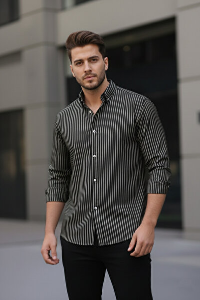 Bürke Long Sleeve Black Color White Striped Half Oversize Men's Shirt