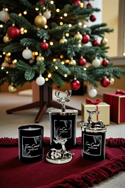 Tiem Concept Yılbaşına Özel Hediyelik Gümüş Geyikli Vanilya Kokulu 3'lü Siyah Bardak Mum Seti