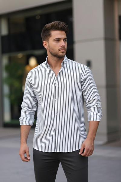 Bürke Long Sleeve White Color Black Striped Half Oversize Men's Shirt