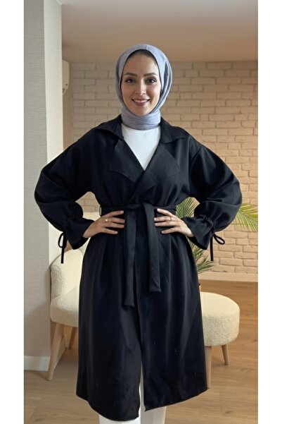 Vivessa Kuşak Detaylı Süet Trençkot Kap-Siyah