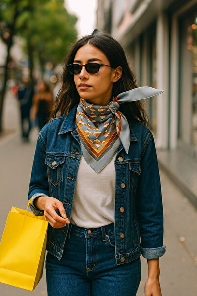 We Concept Kadın Geometrik Retro Mavi Desenli Bandana / Fular