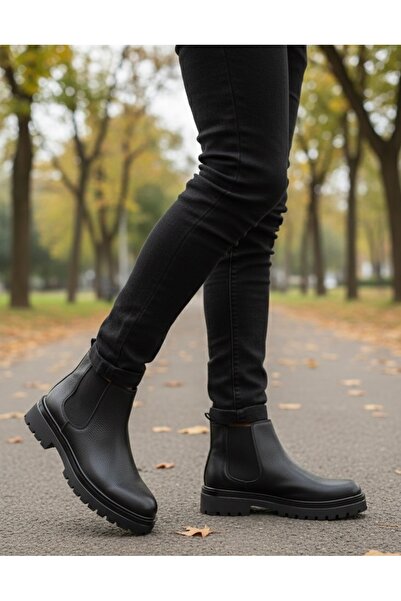 CONTEYNER حذاء تشيلسي رجالي أسود مرن من الجلد الطبيعي بنعل سميك مسنن ومرن للاستخدام اليومي 748