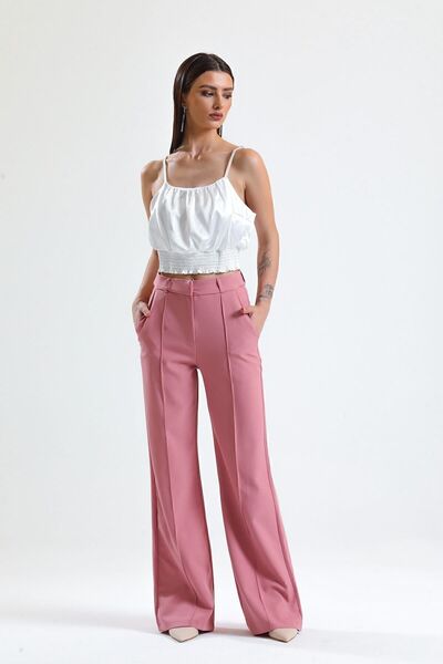 Sense Ornamental Stitched Hürrem Fabric Wide Leg Trousers| Pnt34239 Powder
