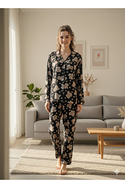 Sude HOMEWEAR Women's Pajama Set with Black Teddy Bear and Special Box