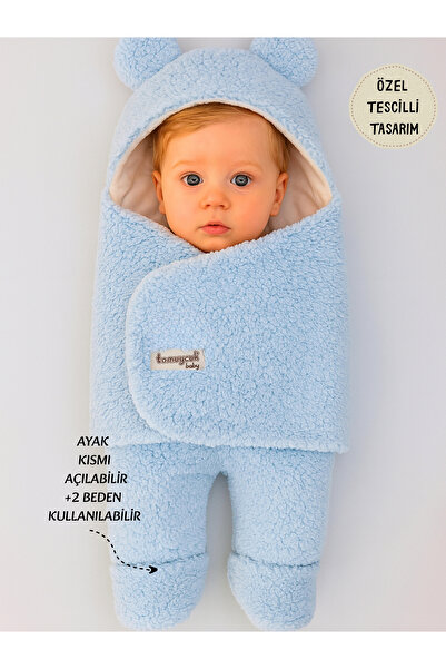 Tomuycuk قماط وبطانية للأطفال من عمر 0-12 شهرًا مصنوعة من الألياف القطيفة مع أذنين باللون الأزرق للاستخدام الخارجي وكيس نوم شتوي