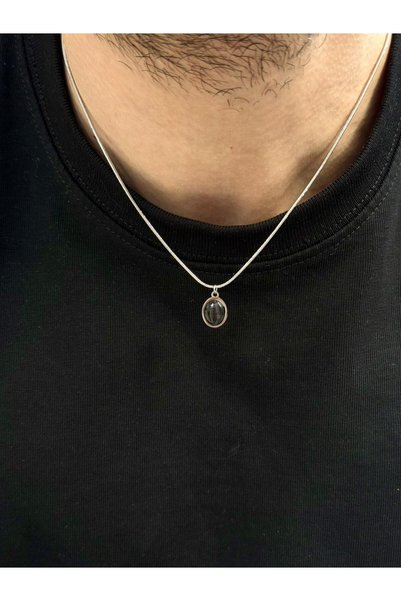 Fjellor Estolad Men's Stainless Steel Necklace with Black Natural Stone Detail and Silver Color Snake Chain